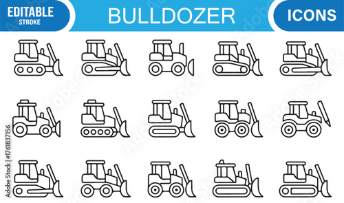 Industrial Bulldozer Icons – Earthmoving and Excavation Vehicle Vector Illustration