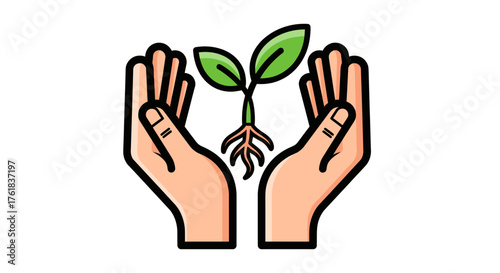 Hands holding a young green plant sprout with roots.