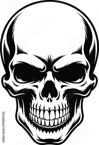 A striking black and white illustration of a human skull with hollow eye sockets and bared teeth.