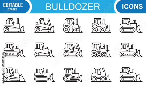 Editable Line Icons Set of Bulldozers, Construction Vehicles, and Industrial Equipment