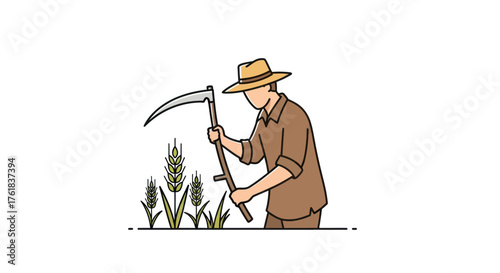 Farmer in straw hat harvesting wheat with a scythe in a field.