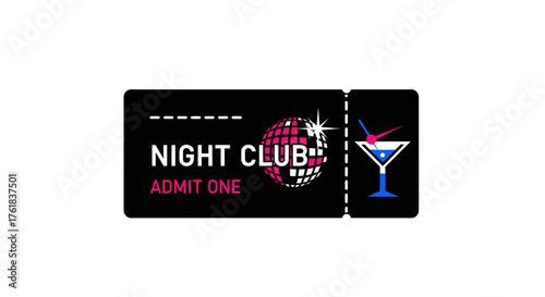 Black nightclub admission ticket with a sparkling disco ball and a cocktail glass.