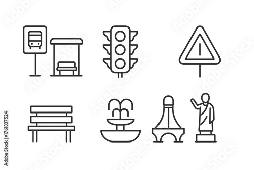 Various urban elements illustrating city life including bus stop, traffic light, and fountain in a bustling environment
