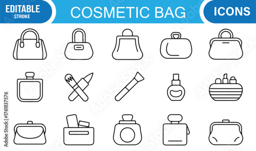 Cosmetic Bag Outline Icon Collection – Makeup Tools, Lipstick, and Brushes Set