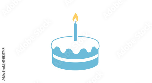 A simple blue two-layer birthday cake with white frosting and a single lit candle.