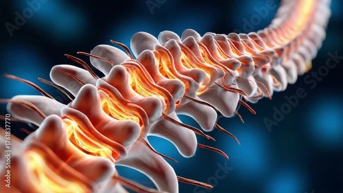 Spinal Cord Close-Up: An intricate view of the spinal cord, highlighting the complex anatomy and biological processes that govern bodily functions. 