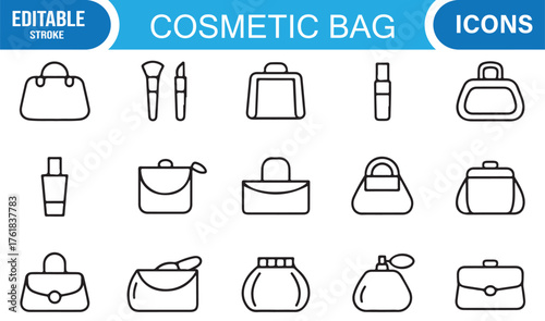 Vector Outline Icons of Cosmetic Pouches, Lipstick, and Beauty Tools for Fashion Design