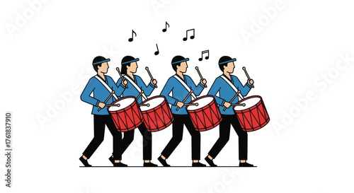 Marching band drummers in blue uniforms playing red drums with musical notes.