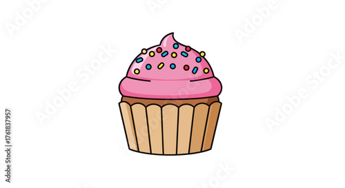 A delicious pink frosted cupcake with colorful sprinkles on top.