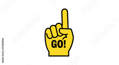 Yellow Foam Finger with GO Text Pointing Upward Cheering Gesture.