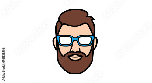 Cartoon man with brown hair beard and blue glasses.