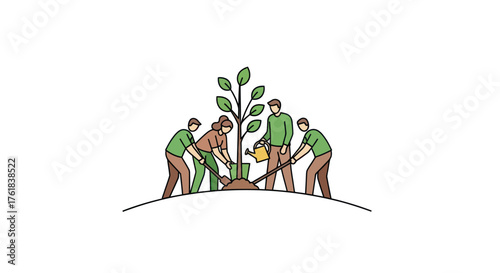 Group of People Planting a Tree Together Illustrating Environmental Stewardship and Community Action.