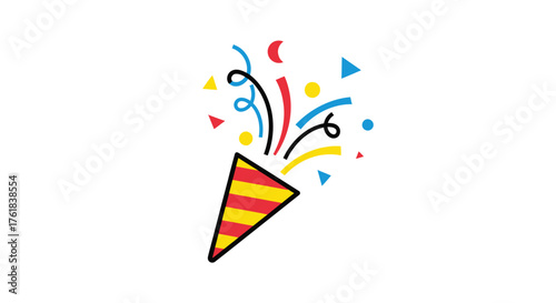 Colorful Party Popper with Confetti and Streamers Illustration.