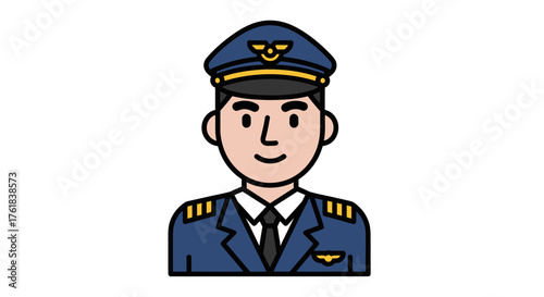 Cartoon Pilot in Uniform with Hat and Wings Emblem.