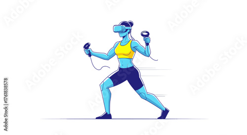 Woman in Virtual Reality Headset Engaged in Fitness Activity with Controllers.