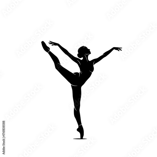 Silhouette of rhythmic gymnast performing graceful balance pose with raised leg, elegant female athlete showing strength, control and flexibility, black figure on transparent background, flat style