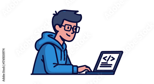 Smiling Cartoon Man in Blue Hoodie and Glasses Coding on Laptop.
