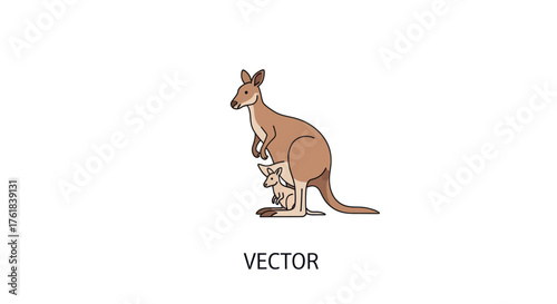 Cute Brown Kangaroo with Joey in Pouch Vector Illustration.