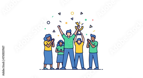 Celebrating Team Victory: Group of People Holding Trophy with Confetti.