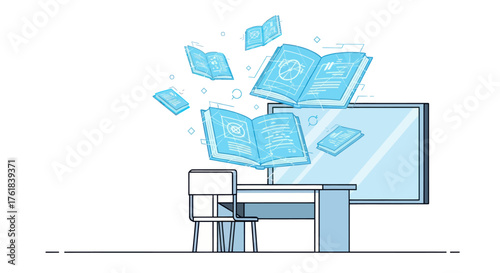 Digital learning concept with books flying from computer screen.