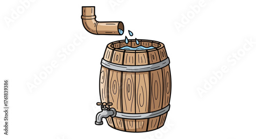 Wooden Rain Barrel Collecting Water from Downspout with Spigot.
