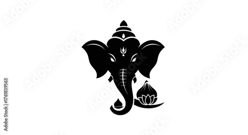 Stylized Black Ganesha Head Silhouette with Lotus and Modak Offering.