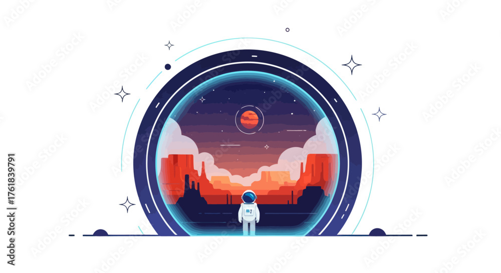 Obraz premium Astronaut gazes at alien planet landscape within a futuristic portal.