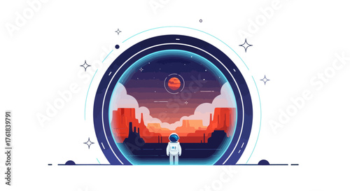 Astronaut gazes at alien planet landscape within a futuristic portal.