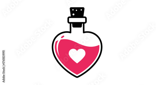 Heart-shaped glass bottle filled with pink liquid and a white heart symbol.