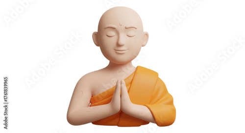 Serene Buddhist Monk in Prayerful Pose with Orange Robes.