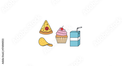 A collection of delicious fast food and sweet treats including pizza cupcake chips and juice box.