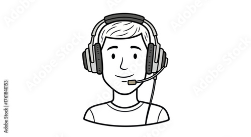 Cartoon Man with Headphones and Microphone Black and White Illustration.