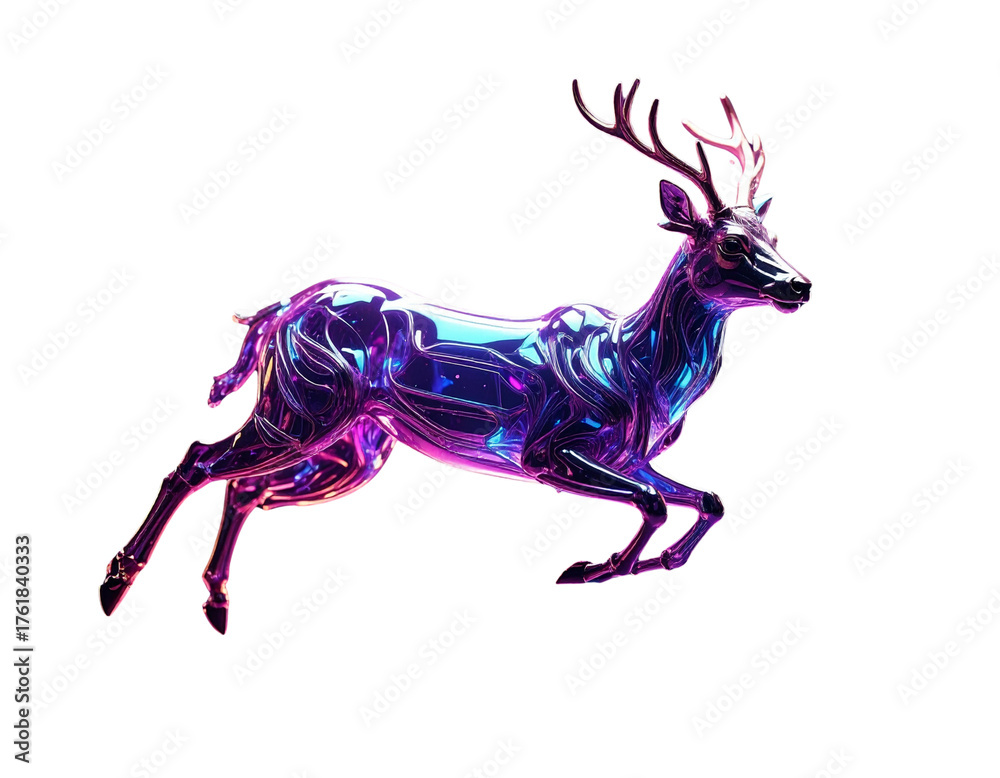 Fototapeta premium Abstract Iridescent Deer Figurine in Floating Pose with Particle Light Trails, Isolated PNG