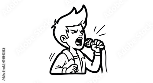 Energetic Cartoon Boy with Spiky Hair Passionately Singing into a Microphone.