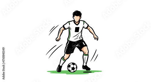 Athletic male soccer player dribbling a ball on a green field.