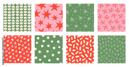 Geometric set festive backgrounds. Abstract vector seamless pattern. Stars, fireworks, bows, dots and hearts prints. Pink, beige, red and green colors. Vector illustration