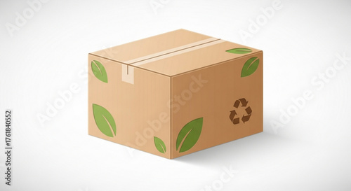 Cardboard box with leaf and recycle sign eco friendly packaging, delivery service vector illustration
