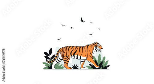 Vibrant illustrated tiger walking amidst green foliage with birds flying.