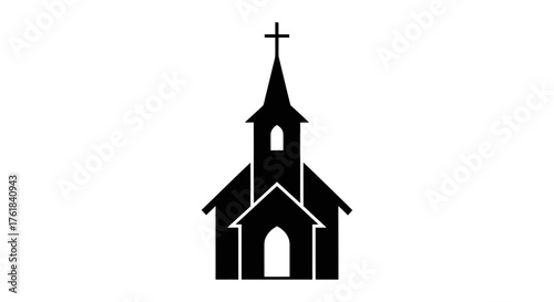 Silhouette of a Traditional Church Building with Steeple and Cross.