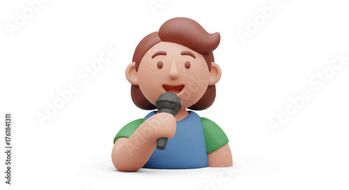 Cartoon character holding a microphone singing or speaking.