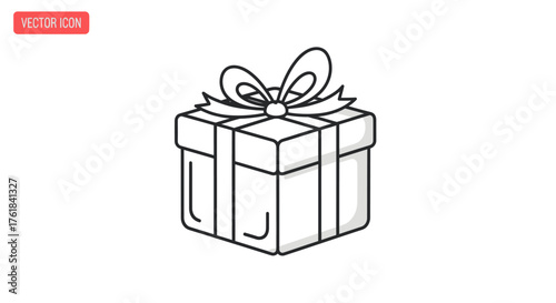 Outline drawing of a square gift box with a decorative ribbon bow.
