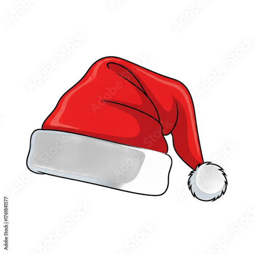 Festive Santa Claus hat with white trim and fluffy pompom detail. PNG Transparent
