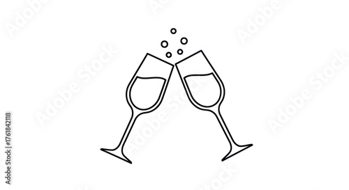Two Champagne Glasses Toasting with Bubbles Line Art.