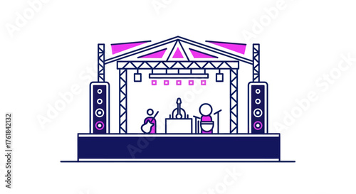 Illustration of a Stage with Musicians Speakers and Lighting.