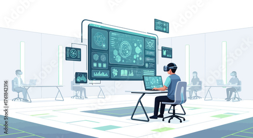 Person wearing VR headset interacting with futuristic digital interface in modern office.