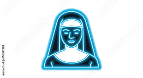 Neon Blue Nun Icon with Closed Eyes and Veil.