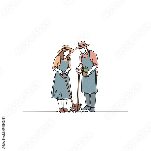 Couple gardening together in the morning sunlight