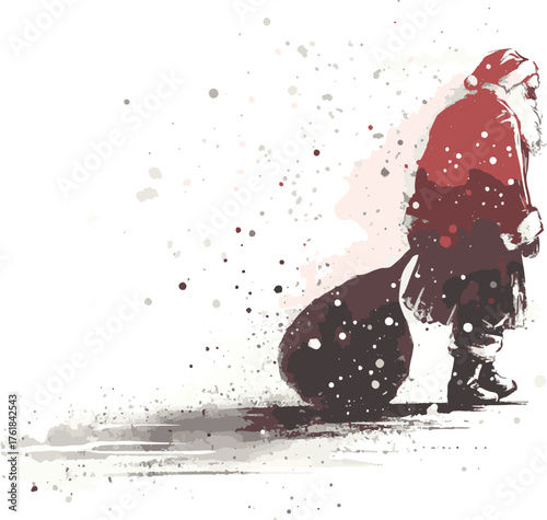 A watercolor-inspired winter scene shows Santa Claus in a red coat and hat, carrying a large sack as he walks across a snowy expanse. Soft splashes of color create a festive, dreamy mood