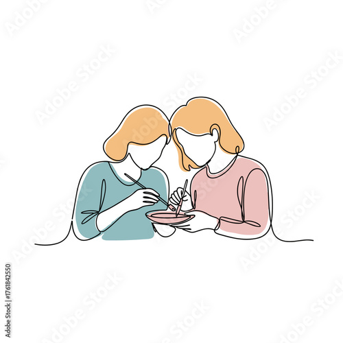 Two women painting ceramics together in a relaxed setting, concept of Unposed leisure scenes  
