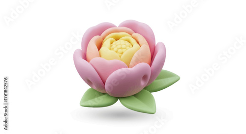 Colorful Pink and Yellow Decorative Flower with Green Leaves.